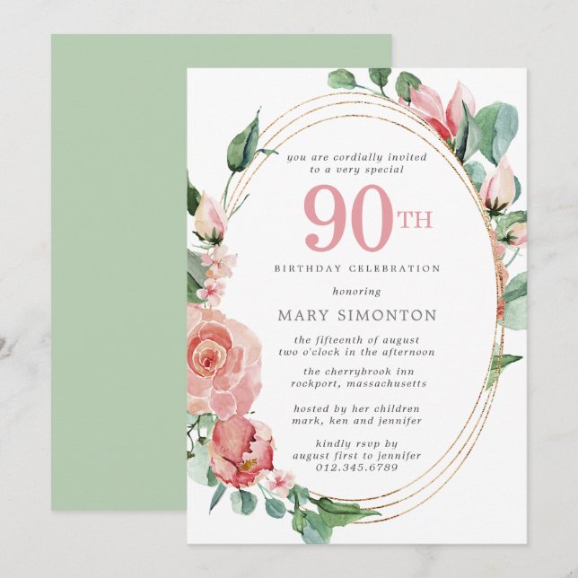 Invitation Elégante Rose Rose Floral 90e fête d'anniversaire (Devant / Derrière)