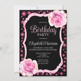 Invitation Élégante Rose rose floral noir fête d'anniversaire