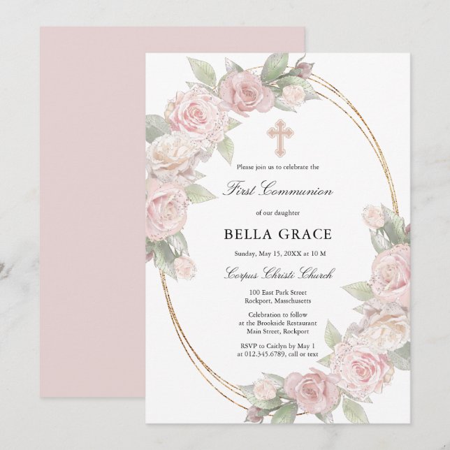 Invitation Élégante Rose Rose Floral Première communion (Devant / Derrière)
