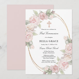 Invitation Élégante Rose Rose Floral Première communion