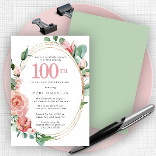 Invitation Élégante Rose rose florale 100e fête d'anniversair