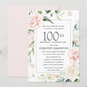Invitation Élégante Rose rose florale 100e fête d'anniversair