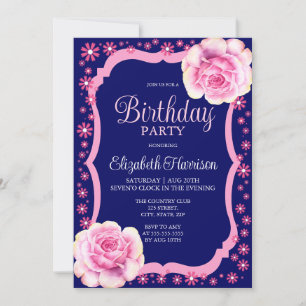 Invitation Élégante Rose rose florale bleu foncé fête d'anniv