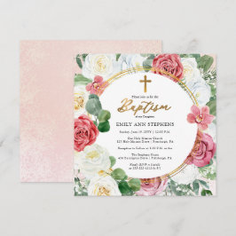 Invitation Élégante rose rose | Gold Floral Frame Girl Baptis