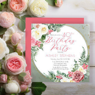 Invitation Élégante rose rose Gold Frame 40th Birthday Part