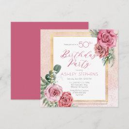 Invitation Élégante rose rose | Gold Frame 50th Birthday Part