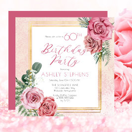 Invitation Élégante rose rose |Gold Frame 60e fête d'annivers
