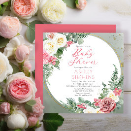 Invitation Élégante rose rose | Gold Frame Girl Baby shower
