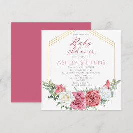 Invitation Élégante rose rose | Gold Frame Girl Baby shower