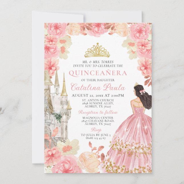 Invitation Elégante Rose Rose Or Tiara Princesse Quinceañera (Devant)