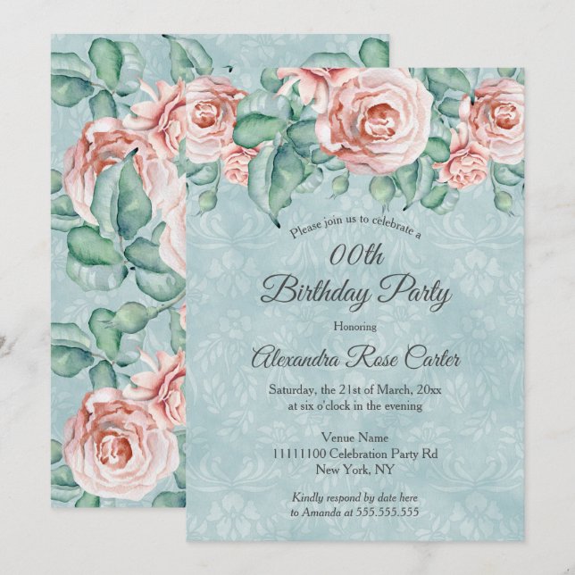 Invitation Elégante rose rose rose rose bleu floral fête d'an (Devant / Derrière)