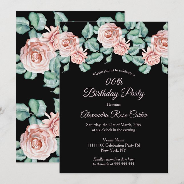 Invitation Élégante rose rose rose rose noir floral fête d'an (Devant / Derrière)