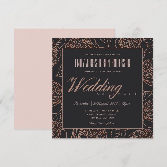 INVITATION ÉLÉGANTE ROSE ROSE ROSE ROSE NOIR MARIAGE FLORAL (Devant / Derrière)