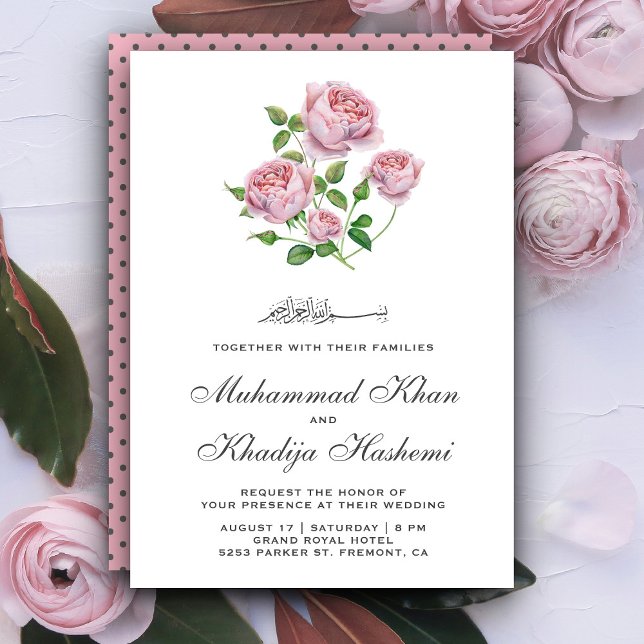 Invitation Élégante rose rose Roses Mariage musulman islamiqu (Créateur téléchargé)