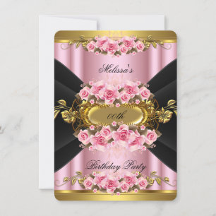 Invitation Elégante rose Roses Black Gold fête d'anniversaire