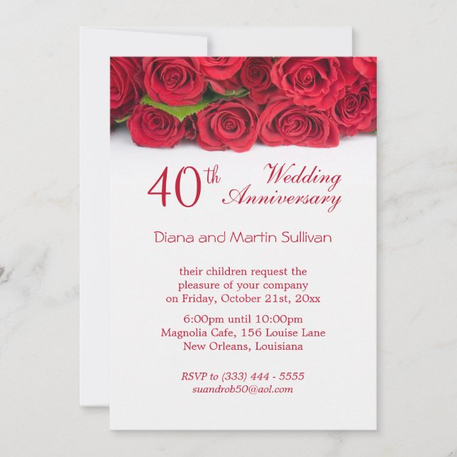Invitation Élégante rose rouge 40e anniversaire de mariage (Devant)