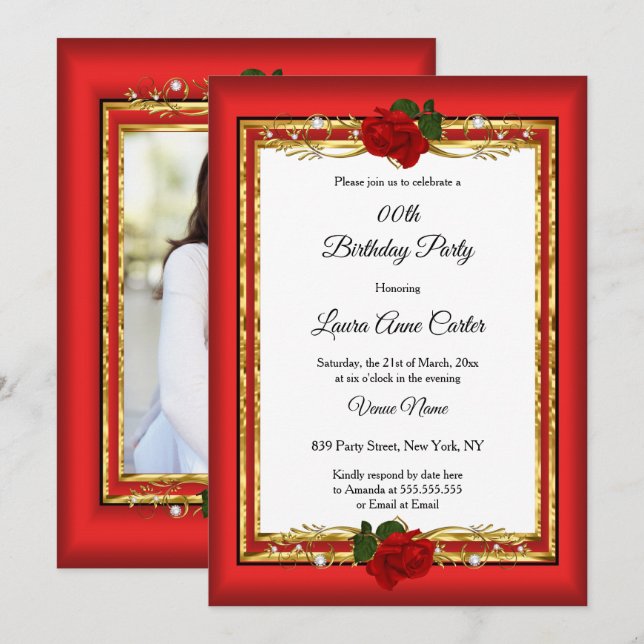 Invitation Elégante Rose rouge Gold photo Anniversaire (Devant / Derrière)