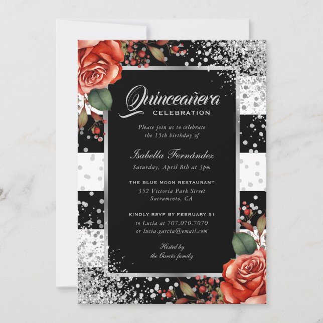 Invitation Elégante Rose Rouge Noir Argent Confetti Quinceañe (Devant)