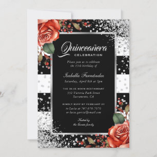 Invitation Elégante Rose Rouge Noir Argent Confetti Quinceañe