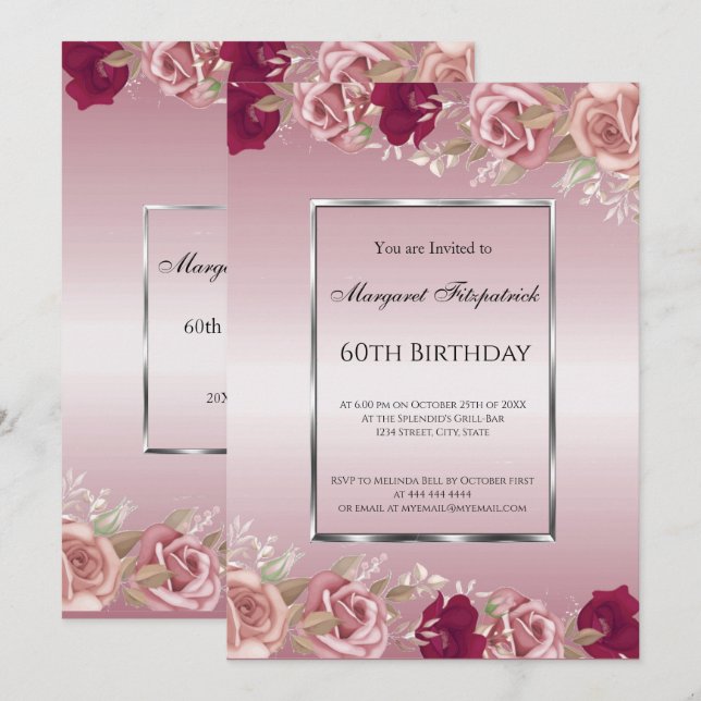 Invitation Elégante rose rouge roses rose rose Anniversaire (Devant / Derrière)