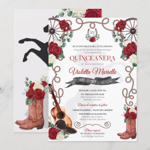 Invitation Elégante Rose Rouge Rustique Mariachi Charro Quinc