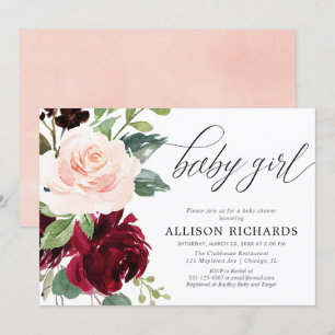 Invitation Elégante rose rousse bordeaux floral fille bébé