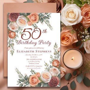 Invitation Élégante Rose Terracotta Florale 50e Anniversaire