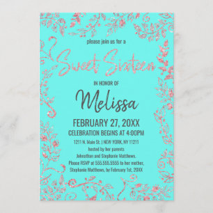 Invitation Elégante Rose Turquoise Parties scintillant or Flo
