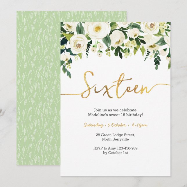 Invitation Elégante Roses Blanches 16e anniversaire Invitatio (Devant / Derrière)