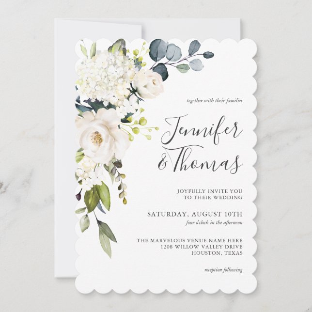 Invitation Elégante Roses Blanches et Hydrangeas Mariage Flor (Devant)