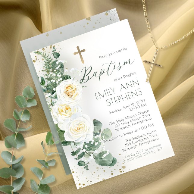 Invitation Élégante Roses Blanches Eucalyptus Floral Girl Bap (Créateur téléchargé)