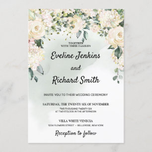 Invitation Elégante roses blanches rustiques mariage
