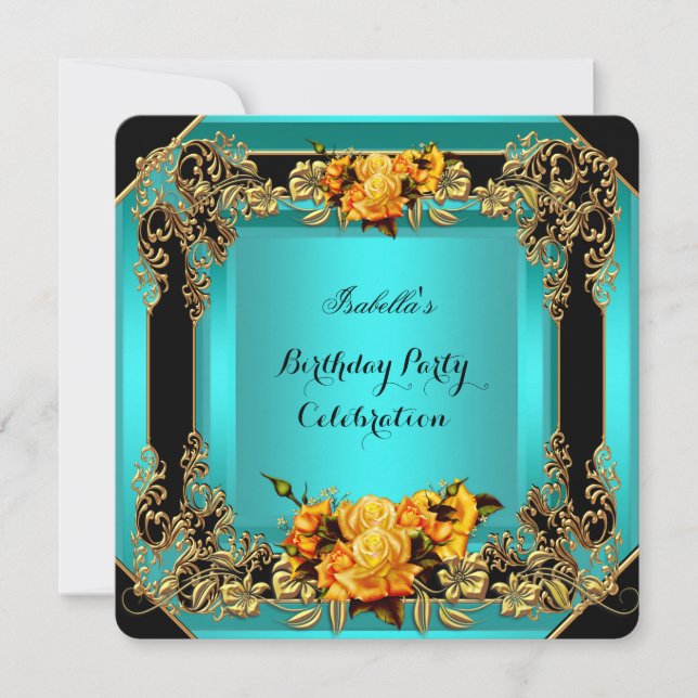 Invitation Elégante Roses Jaunes Turquoise Or Noir Anniversai (Devant)