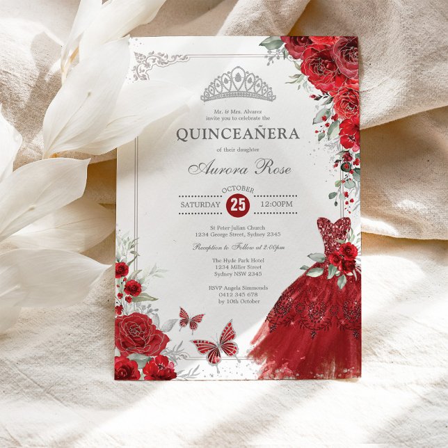 Invitation Elégante Roses Rouge Argent Quinceañera Princesse (Créateur téléchargé)