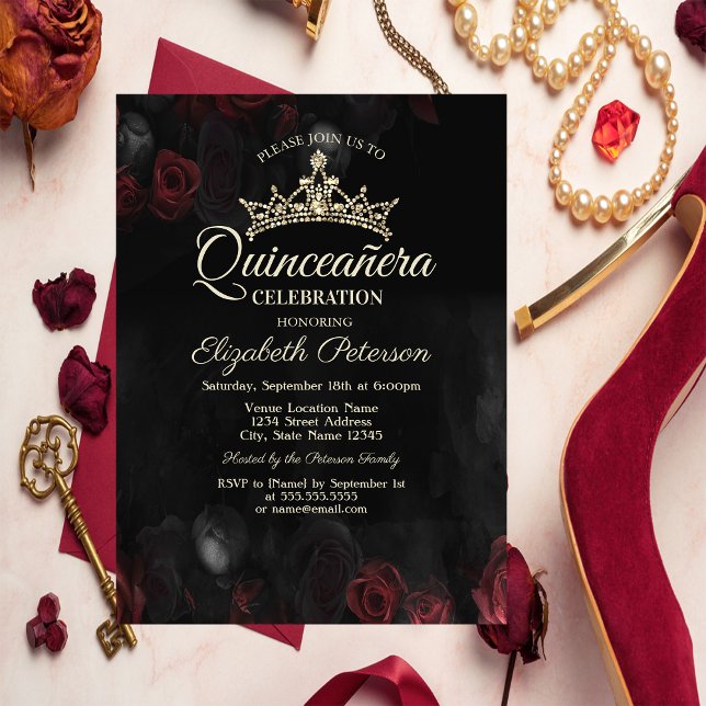 Invitation Elégante Roses Rouges Gothique Quinceañera (Créateur téléchargé)
