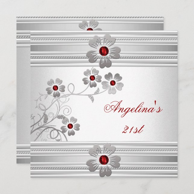 Invitation Elégante Rouge Blanc 21e Fleurs de fête d'annivers (Devant / Derrière)