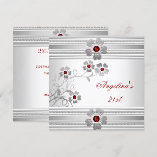 Invitation Elégante Rouge Blanc 21e Fleurs de fête d'annivers