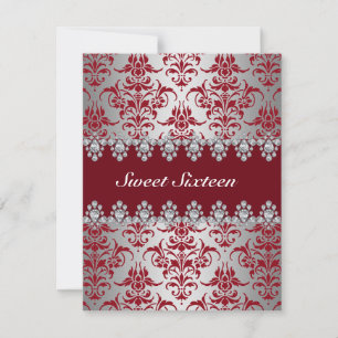 Invitation élégante rouge et argentée Damask pour