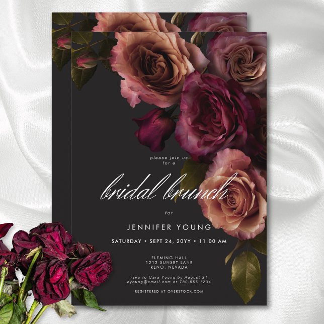 Invitation Elégante rouille Moody & Bourgogne Floral Bridal B (Elegant Moody Rust & Burgundy Floral Bridal Brunch Invitation)