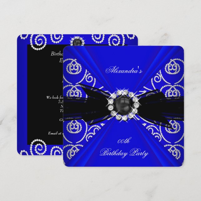 Invitation Elégante Royal Blue Black Pearl Bow fête d'anniver (Devant / Derrière)