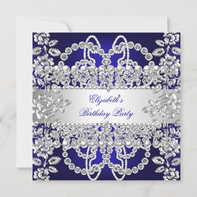 Invitation Elégante Royal Blue Diamonds Silver Birthday Party (Devant)