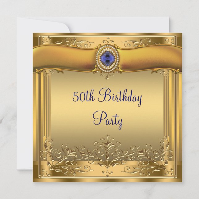 Invitation Elégante Royal Blue et Gold 50e fête d'anniversair (Devant)