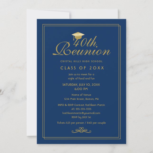 Invitation Elégante Royal Blue Gold 40e Classe Réunion (Devant)