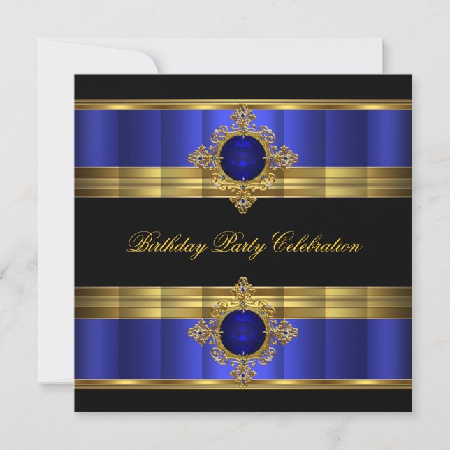Invitation Elégante Royal Blue Gold Black Birthday Party (Devant)