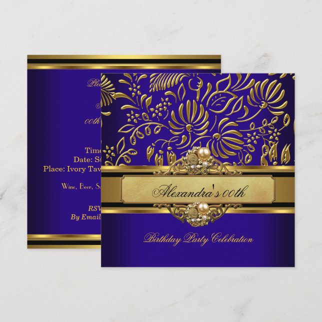 Invitation Elégante Royal Blue Gold Damask Pearl Party (Devant / Derrière)