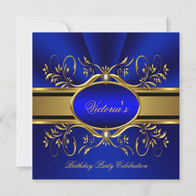 Invitation Elégante Royal Blue Gold fête d'anniversaire 2 (Devant)