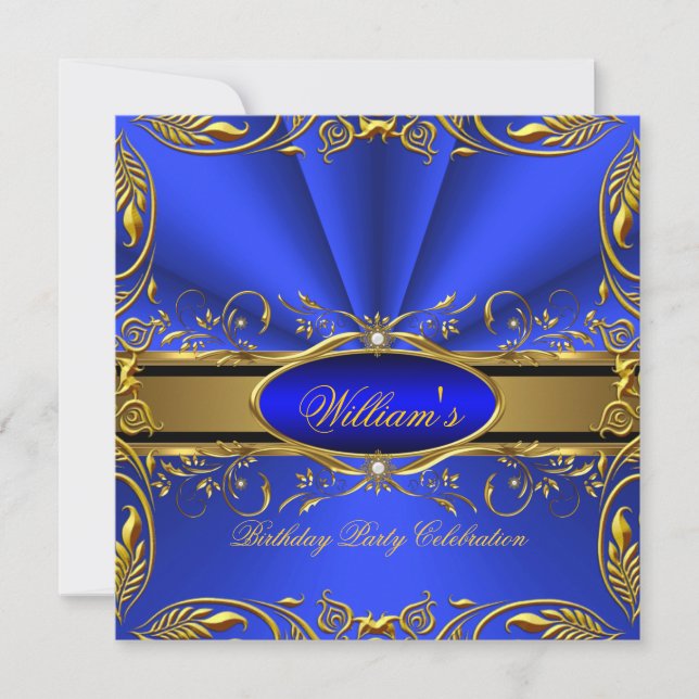 Invitation Elégante Royal Blue Gold fête d'anniversaire Flora (Devant)