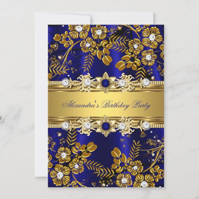 Invitation Elégante Royal Blue & Gold Floral fête d'anniversa (Devant)