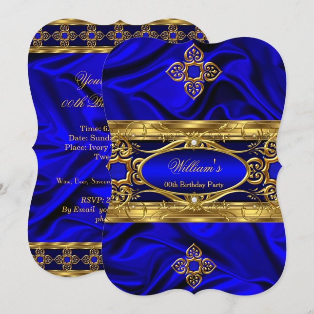 Invitation Elégante Royal Blue Gold Gems Soie Anniversaire 3 (Devant / Derrière)