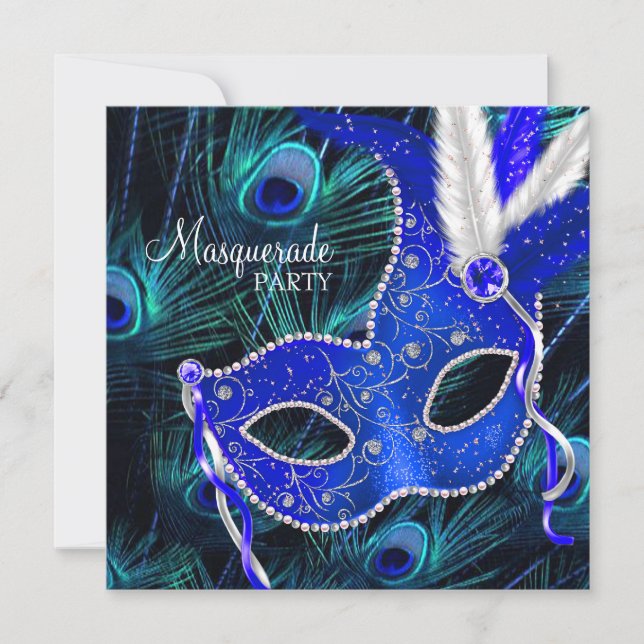 Invitation Elégante Royal Blue Peacock Masquerade Party (Devant)